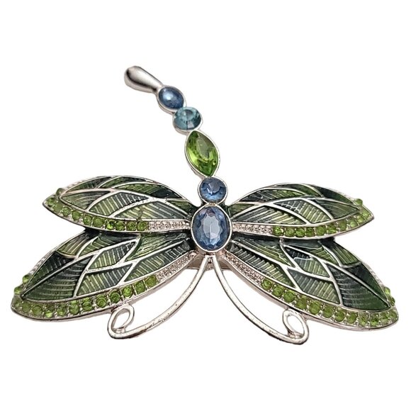 Napier Silver-Tone Green Blue Rhinestone Enamel Dragonfly Brooch Pin Signed E913 - Picture 4 of 9